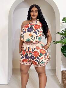 Slaydiva Plus Size Women 2 Pieces Set: Solid Color Sleeveless Knotted Hem Crop Top And Pockets Shorts, Woven Texture Fabric, Casual Daily Vacation Outfit, Spring/Summer,Holiday Outfits Boho