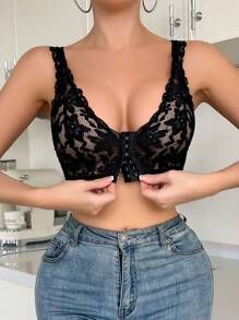 SHEIN 1 pieza Sujetador de encaje con cierre delantero para mujer, semitransparente