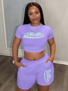 Slaydiva Bộ đồ hai mảnh in logo phong cách thể thao đơn giản cổ tròn tay ngắn màu hồng cho mùa xuân và mùa hè mới + quần lửng màu xanh bạc hà dành cho nữ - A - Màu tím - Xem 5