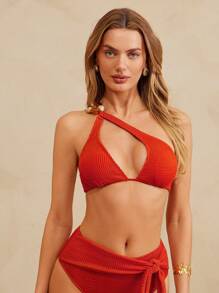 L'Amorae Elegant Vacation Textured Seersucker One Shoulder Bikini Top With Stone Details