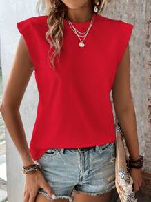 Breezaya 女士纯色圆领盖袖休闲百搭 T 恤 - 紅色 - 查看 3