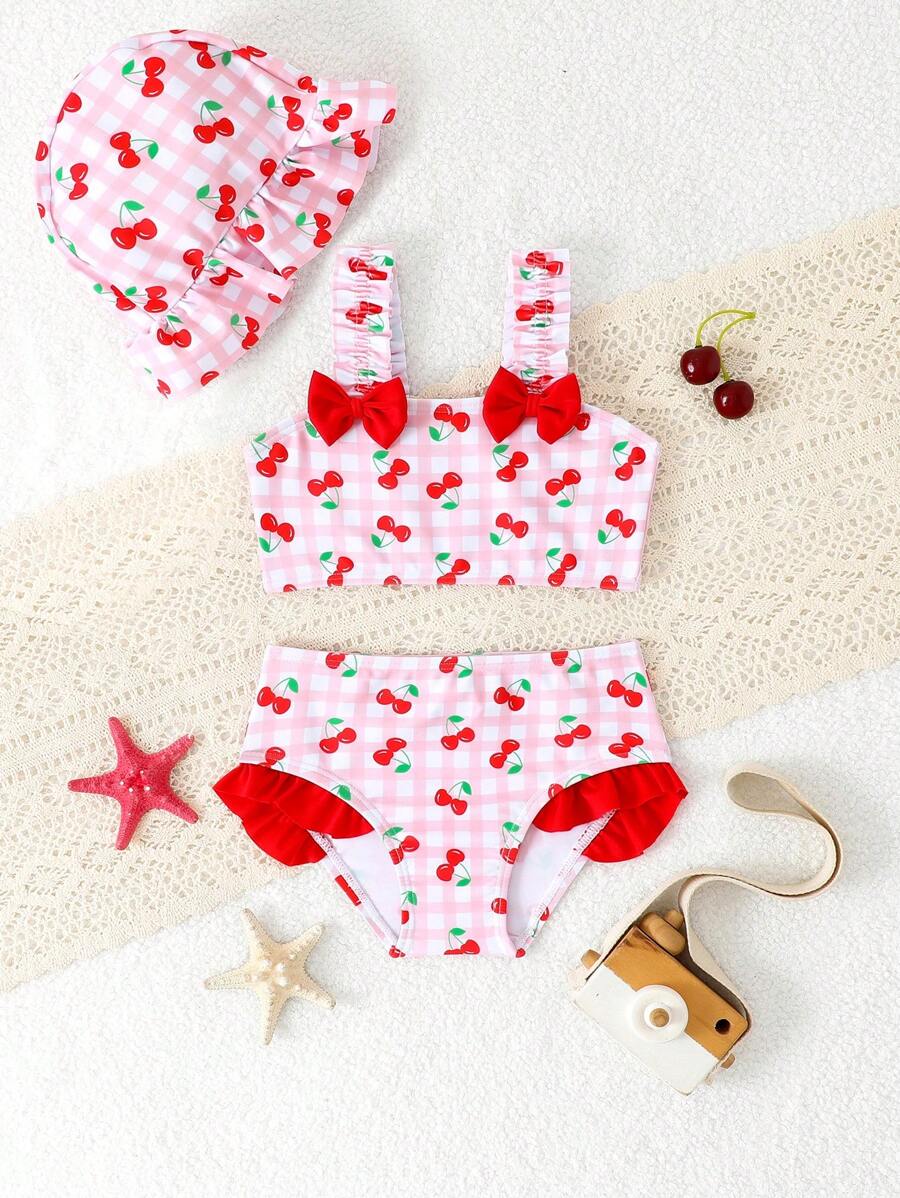 女婴三件套蝴蝶结格子沙滩套装，配可爱格子帽 - 彩色 - 查看 1