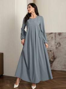 Al Najma 女士优雅长袖阿拉伯风格连衣裙，饰有串珠装饰，优雅的 A 字型阿拉伯连衣裙，适合日常休闲、端庄 - 灰色 - 查看 6