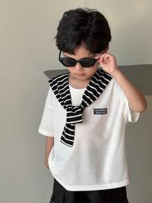 Jungen Lässiges koreanisches, charmantes Markenlogo Muster Rundhals Kurzarm gestreifter Pullover T-Shirt, geeignet für Pendeln, Schule, Alltag, Reisen, Sport, und passend für Frühling, Sommer, Herbst, Winter