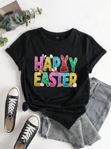 SHEIN LUNE Easter Day Rabbit Pattern Gift For Mom Casual Loose Round Neck Short Sleeve T-Shirt For Women, Suitable For Summer - Black - View 3
