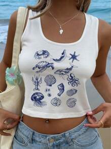 SHEIN EZwear Women Crew Neck Fitted Ocean Animal Starfish Shell Print Crop Top, Casual Summer Holiday Beach Back To School - White - View 4