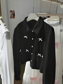 Comfortcana Plus Size Women 3D Bow Long Sleeve Short Blouse, Spring/Summer - Black - View 4