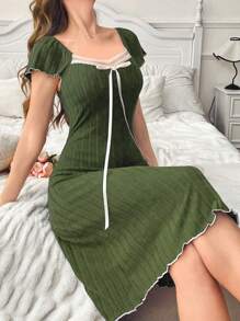 Snug Zone Solid Color Casual Lace Collar Bow Decor Women Nightgown Babydoll Bowknot - Army Green - View 4