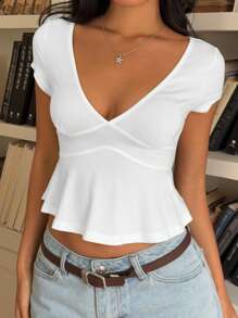 SHEIN EZwear Áo thun nữ tay ngắn cổ chữ V màu trơn, thời trang cho mùa hè - trắng - Xem 3