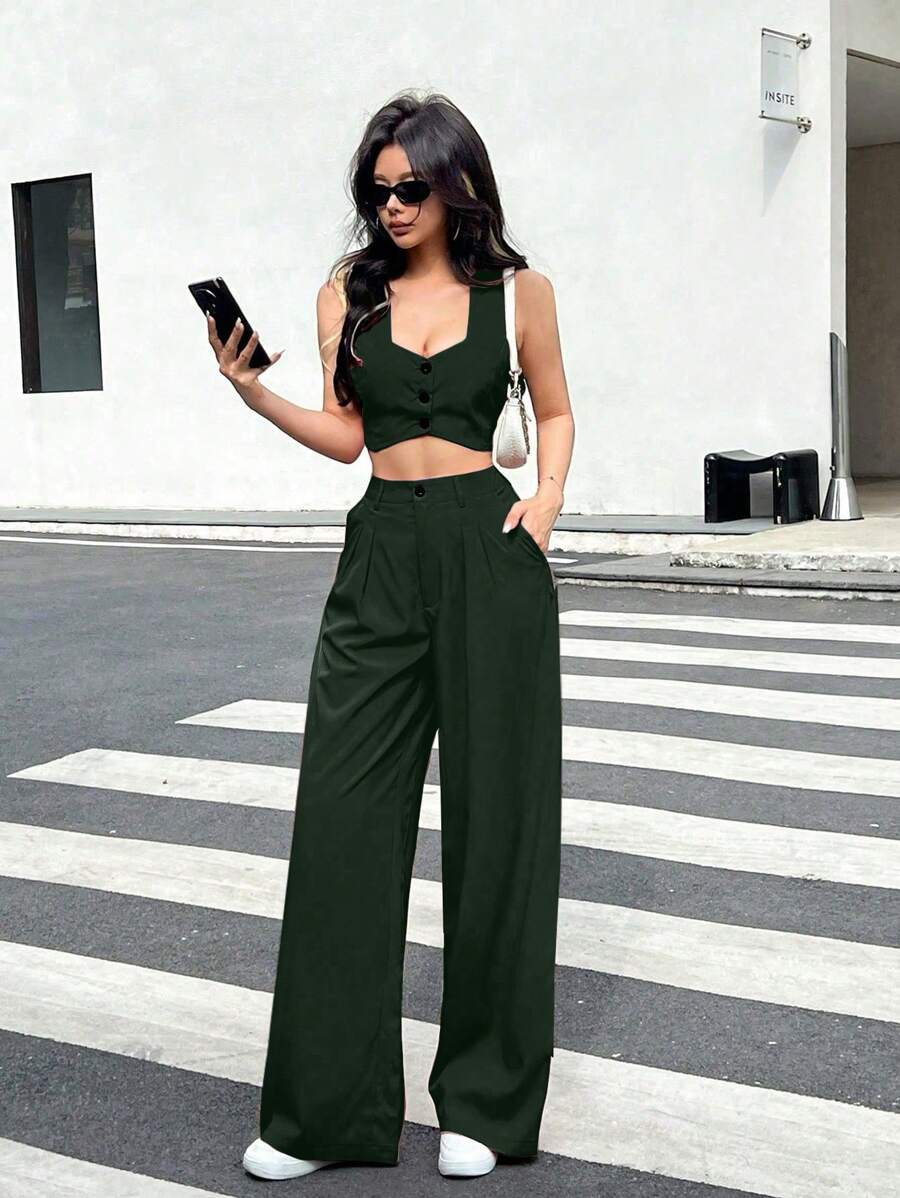INAWLY Conjunto de 2 piezas informal de mujer compuesto por chaleco corto de un solo abotonamiento de unicolor y pantalones - Verde - Ver 1