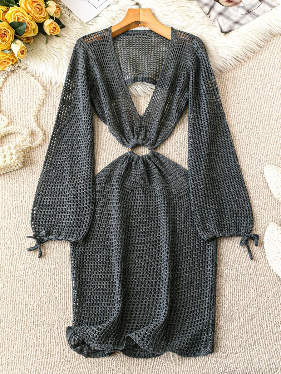 SHEIN Swim 女士纯色网眼 V 领时尚罩衫，适合夏季 - 深灰色 - 查看 1