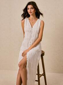 Poéselle Solid Color Bubble Texture Sleeveless Maxi Dress, Vacation & Casual - White - View 1