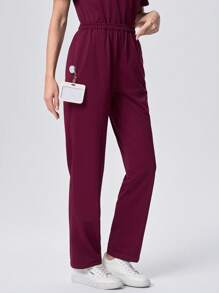 Scrubzie 2pcs Set Women Scrub Top With Contrast Trim & Multiple Pockets + Pants, Nursing Scrub Uniform - Burgundy - View 4