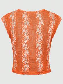 SHEIN Unity Burnt Orange,Summer,Elegant,Seksi Chic,Vacation Women's Stretchy Lace Deep V-Neck Cap Sleeve Short T-Shirt,Fitted Solid Color Y2K Boho Festival Top - Brown - View 2