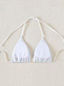 Swim Mod Women Summer Beach Solid Color Textured Halter Triangle Bikini Top - Blue - View 2