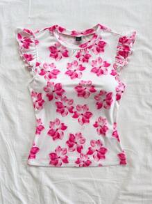 Soleia Casual Vacation, Beach Wedding Guest, Graduation Brunch , St. Patrick's Day, Spring Break, Easter, Music Festival, Elegant Boho Tropical Floral Print Ruffle Sleeve T-Shirt Top, Spring Summer - Pink - View 3