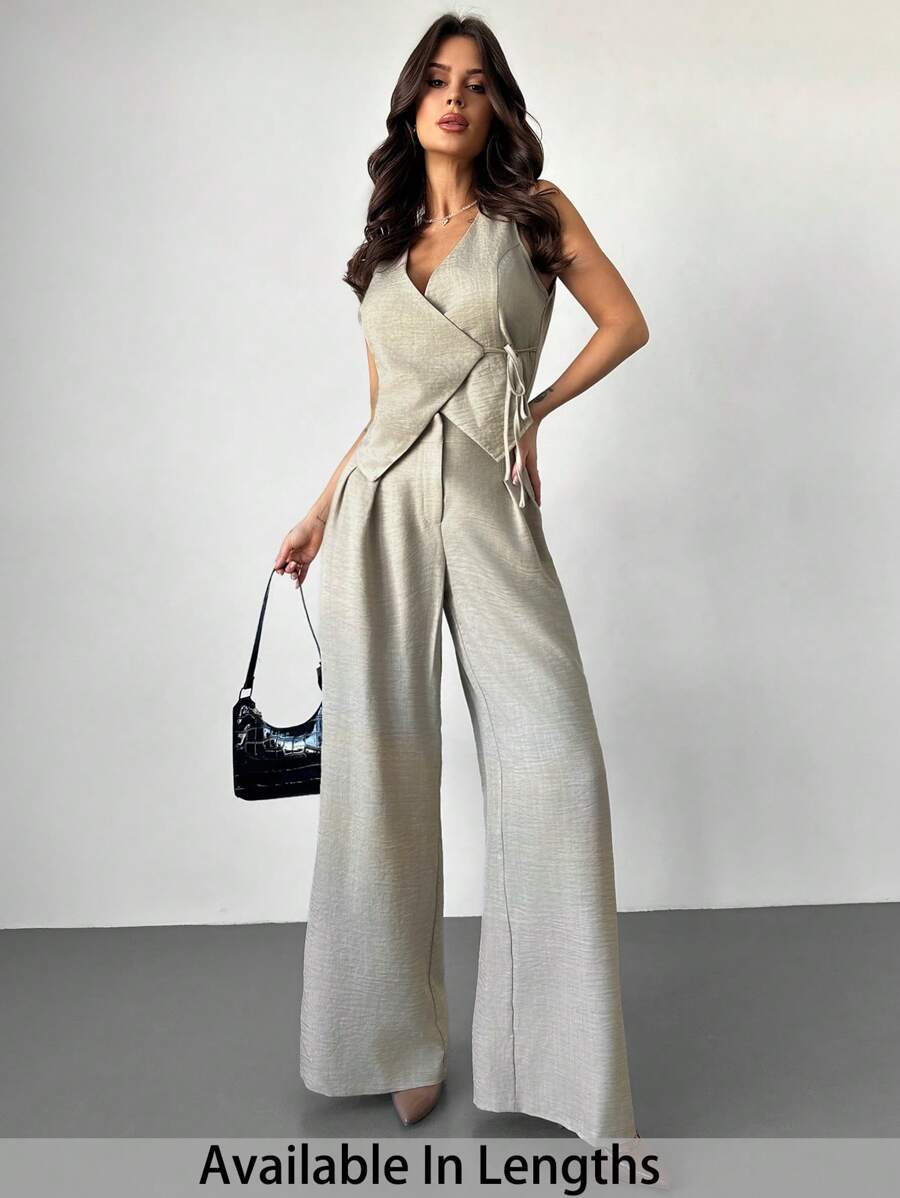 SHEIN PETITE CURVE Festival New Linen Solid Color Wrap Tie Waist Vest & High Waist Pleated Wide Leg Pants 2 Pieces Suit Set, Simple Elegant Commuter Outfit, Spring/Summer