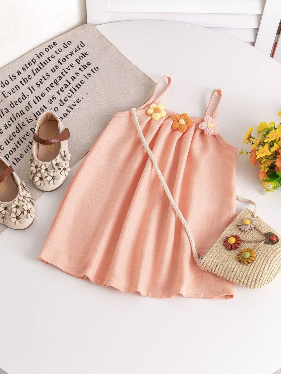 SHEIN Vintaside Kids Baby Girl Embroidered Strap Dress, Summer Vacation - Baby Pink - View 1