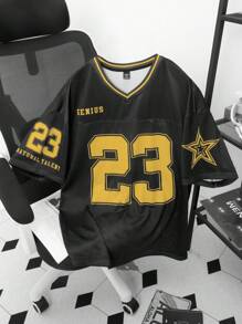 PAVTROS Manfinity Streetrush Men's Casual Short Sleeve V-Neck T-Shirt: Black Polyester Tee With Contrast Binding And Regular Hem Featuring A Bold Graphic Print - Black - View 8