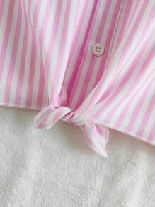 SHEIN Tween Girls Spring Casual Blue And White Striped Loose Fit Sleeveless Round Neck Shirt, Versatile Wear For Outdoor And Indoor - Hot Pink - View 6