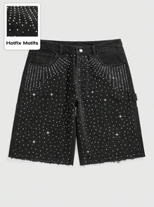 ROMWE MEN ROMWE Avant Pantalones cortos vaqueros (jorts) de hombre con decoración de strass, de moda de vanguardia para el verano