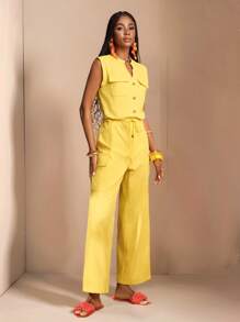 Zivah 2025 年新夏季系列 音乐节、复活节、圣帕特里克节、波西米亚风、西部风、婚礼、生日派对、毕业典礼、学生、休闲、度假、巡游、海滩、日光浴、时尚、街头风格 女士无袖、中式领、前开襟、纽扣、抽绳腰部、交叉口袋、踝长、可调节连体裤、黄色 - 黃色 - 查看 8