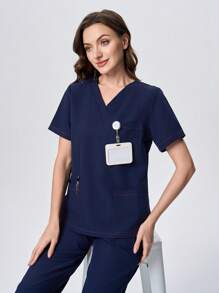 Scrubzie 2 pezzi/set maglietta donna a maniche corte scollo a V con colori a contrasto e pantaloni comodi/uniforme infermiera