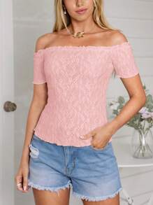 SHEIN VCAY Vacation Casual Textured Off Shoulder Exposed Shoulder Fitted Short Sleeve T-Shirt Off The Shoulder Top - Pink - View 5