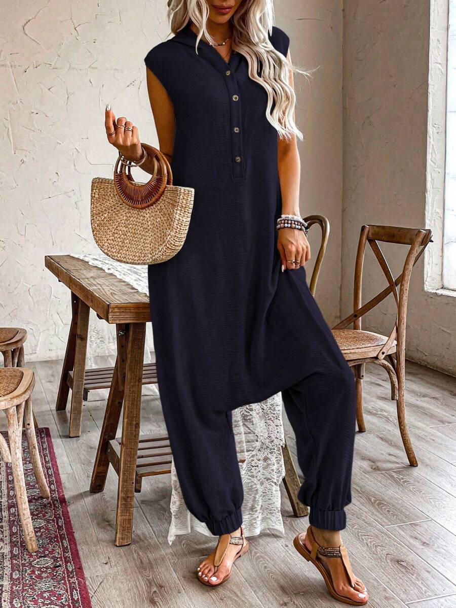 EMERY ROSE Women's Solid Color Sleeveless Jumpsuit, Fashionable For Summer - Navy Blue - View 1