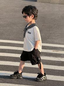 Jungen Lässiges koreanisches, charmantes Markenlogo Muster Rundhals Kurzarm gestreifter Pullover T-Shirt, geeignet für Pendeln, Schule, Alltag, Reisen, Sport, und passend für Frühling, Sommer, Herbst, Winter