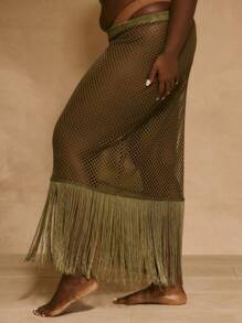 MUSERA Váy dệt kim cạp thấp dáng rộng, có tua rua, gợi cảm, dễ thương, thanh lịch, kiểu boho, thích hợp mặc đi bơi, nghỉ mát, dự tiệc, câu lạc bộ, lễ hội mùa hè. - xanh quân đội - Xem 3