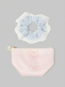 ROMWE Kawaii 2 Stücke/Set süße Spitzenborte, Polka Punkte & Schleife dekorierte kleine Münztasche Kosmetiktasche mit Haargummi - Verschiedenfarbig - Übersicht 4
