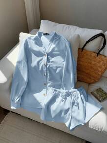 Comfortcana Spring Pastel Color Loose Long Sleeve Shirt & Shorts Set For Women - Blue - View 6