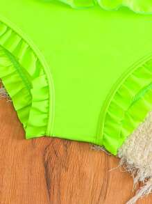 SHEIN 2pcs/Set Girls Cute Swimsuit, Pink, Ruffled Butterfly Tankini Top With Straps And Ruffle Trim Shorts - Green - View 4