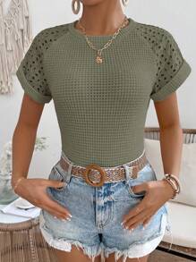 SHEIN LUNE Áo thun tay ngắn thêu rỗng màu trơn đơn giản cho kỳ nghỉ - xanh quân đội - Xem 3