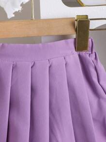 SHEIN Baby Girl Summer New Cute Grape Puff Sleeve Top + Solid Color JK Pleated Skirt Set - White - View 4
