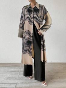 SHEIN Clasi Bộ quần áo dài tay thường ngày cho nữ (Áo in họa tiết, quần trơn màu), Mùa thu - Màu Khaki - Xem 5