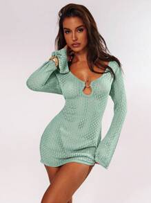 SHEIN BAE 女士纯色长袖连衣裙，秋冬夏季时尚 - 薄荷綠 - 查看 3