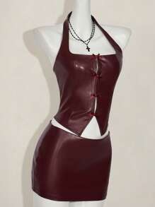 SHEIN ICON 2pcs Set: Fitted Bowknot Decor PU Halter Crop Top & Mini Skirt - Burgundy - View 7