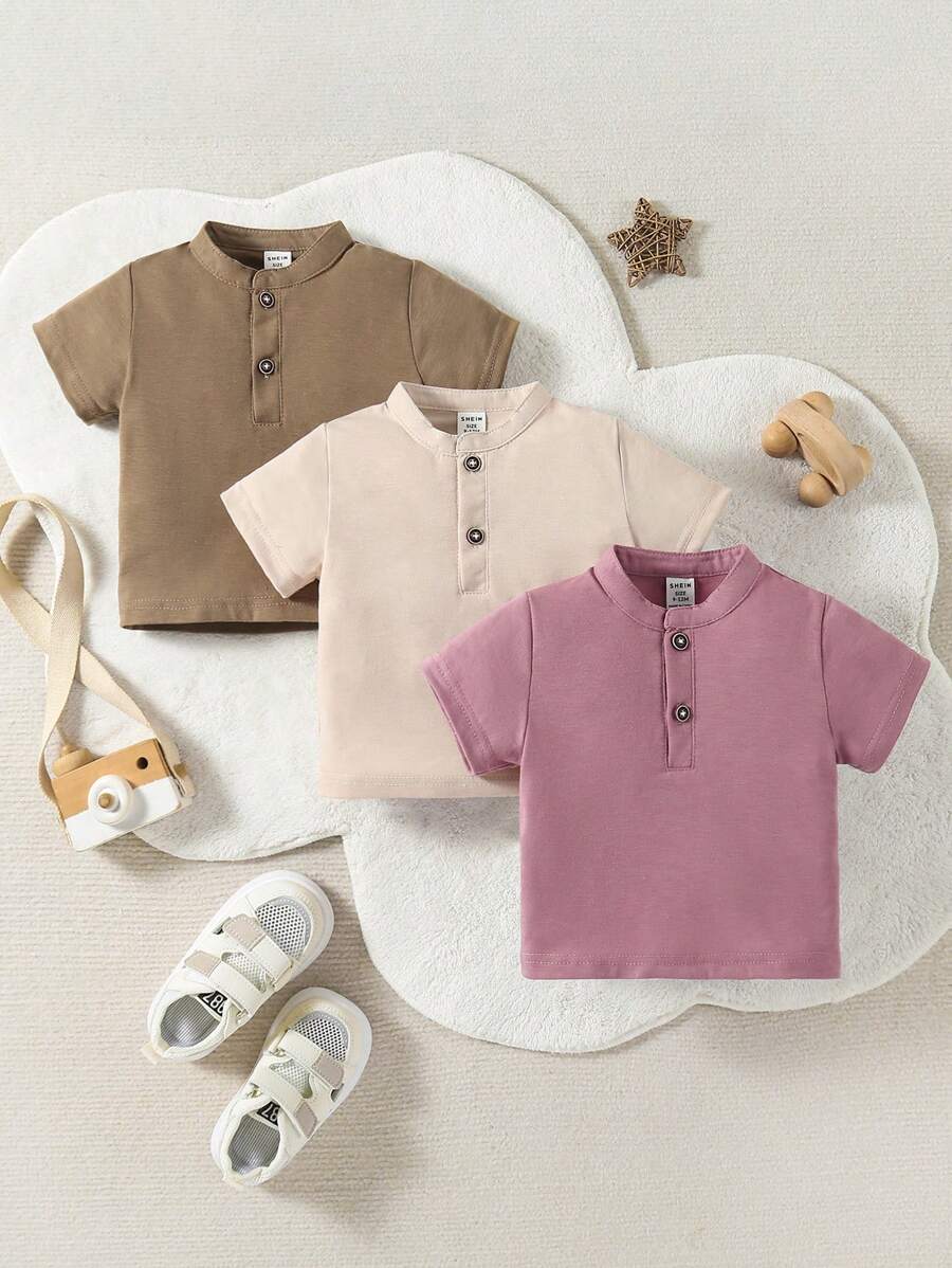 SHEIN 3pcs Baby Boy Vintage Stylish Dopamine Graphic Button-Front Short Sleeve Tops, Spring/Summer - Multicolor - View 1