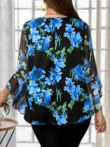 EMERY ROSE Áo cánh in hoa cỡ lớn cho nữ, thời trang cho mùa hè - Màu xanh lam - Xem 3