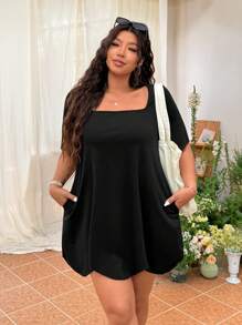 SHEIN EZwear Áo thun cổ vuông màu trơn cỡ lớn có túi viền bất đối xứng - màu đen - Xem 1