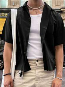 SHEIN Manfinity Dauomo 男士休闲单排扣短袖通勤衬衫 - 黑色 - 查看 1