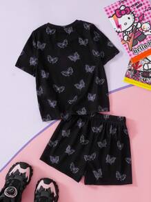 HELLO KITTY AND FRIENDS | SHEIN 2pcs/Set Young Girl Punk Style Butterfly & Rose Knitted Round Neck T-Shirt And Shorts Set - Black - View 2