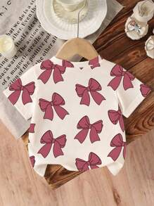 SHEIN 女婴蝴蝶结印花可爱圆领短袖 T 恤，适合情人节