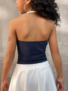 Coolane Tween Girl Cool Street Style Spring/Summer Halter Neck Motorcycle Style Top - Navy Blue - View 6