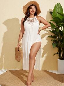 Swim Vcay Women's Plus Size Solid Color Hand Crocheted Hollow Out Sexy Slim Fit Side Slit Thin Beach Cover Up Maxi Dress For Summer Beach Vacation