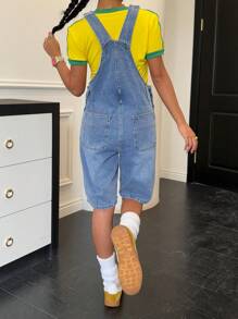 SHEIN Teen Girls' Spring Summer Retro 2000S Back To School Baggy Loose Fit Denim Overalls Long Shorts Jeans Jumpsuit Without Top,Girls Summer Brunch Graduation Outfits,Vacation Beach Casual Outfits,Country Concert Outfit/Rave Festival Outfits - Light Wash - View 2