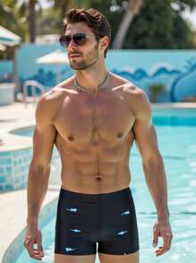 Manfinity Swimmode Men's Shark Print Elastic Waist Board Shorts Men Swim Trunks Couple - Black - View 1