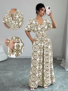 Elenzga Vacation Style Puff Sleeve V-Neck Elastic Waist Wide Leg Jumpsuit Pants - Coffee Brown - View 1